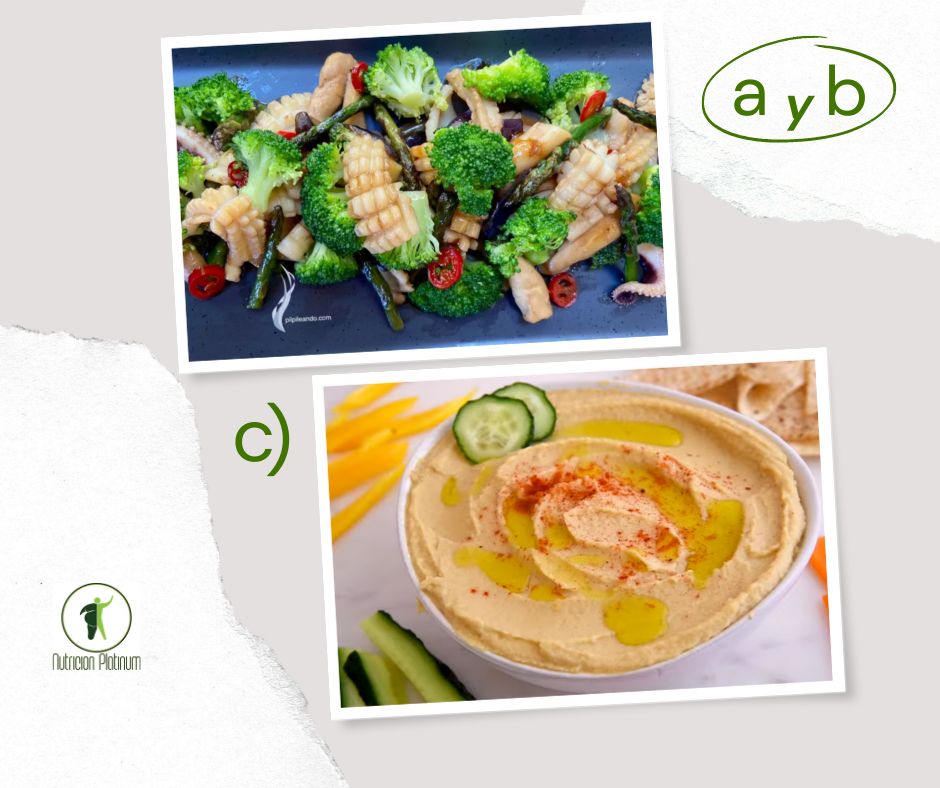 Salteado de verduras con calamar y hummus de garbanzo.